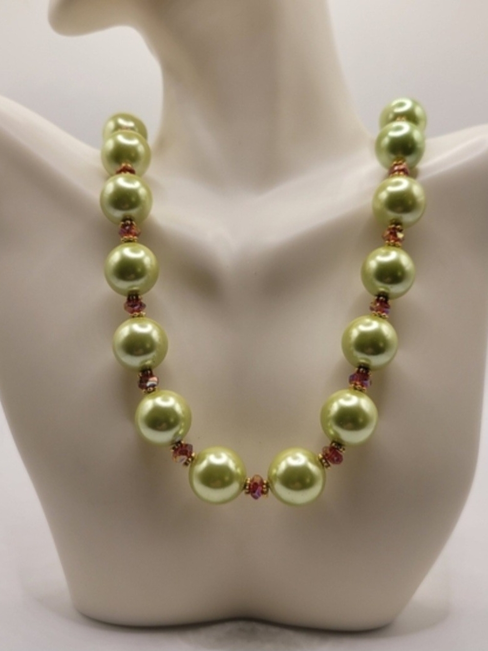 Vintage Faux Pistachio Green Pearl Necklace with Orange Crystal Spacers